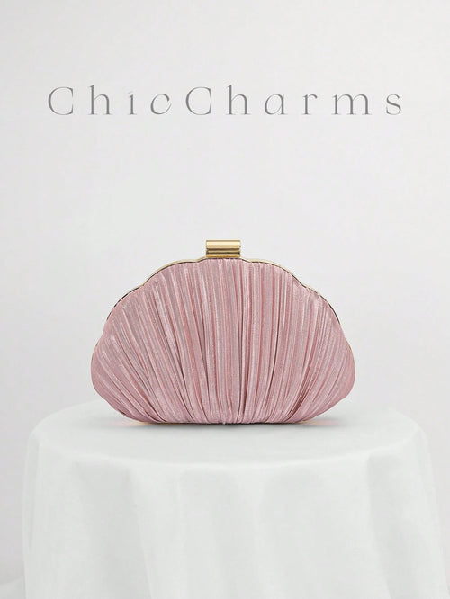 Pleated Satin Design Box-Shaped Evening Clutch, Banquet Bag Chain Strap Bag, Wedding Purse,Wedding, Pink, Party Bags, Wedding Items,Bride