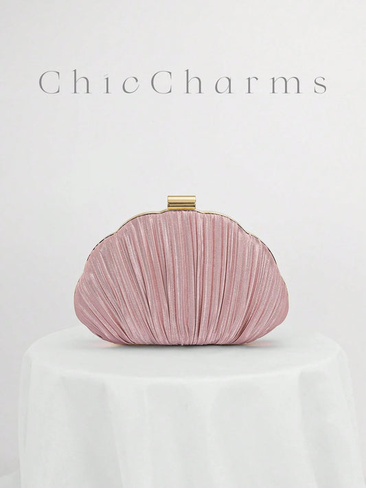 Pleated Satin Design Box-Shaped Evening Clutch, Banquet Bag Chain Strap Bag, Wedding Purse,Wedding, Pink, Party Bags, Wedding Items,Bride