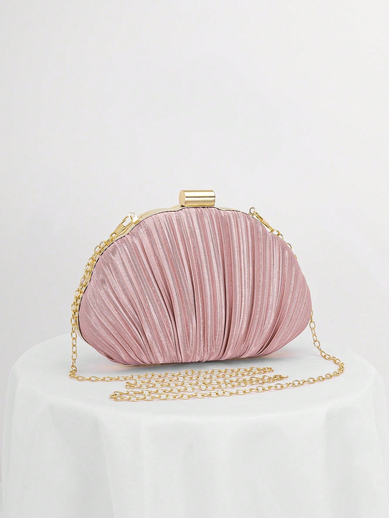 Pleated Satin Design Box-Shaped Evening Clutch, Banquet Bag Chain Strap Bag, Wedding Purse,Wedding, Pink, Party Bags, Wedding Items,Bride
