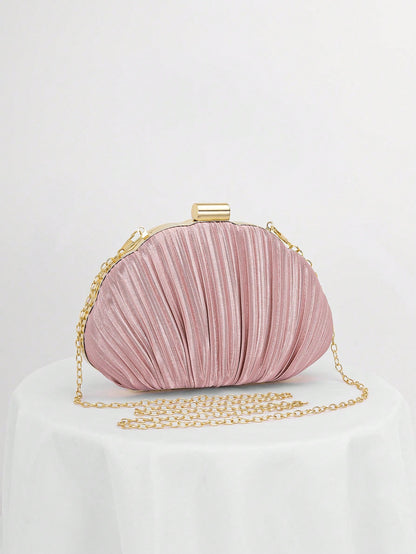 Pleated Satin Design Box-Shaped Evening Clutch, Banquet Bag Chain Strap Bag, Wedding Purse,Wedding, Pink, Party Bags, Wedding Items,Bride