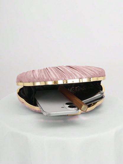 Pleated Satin Design Box-Shaped Evening Clutch, Banquet Bag Chain Strap Bag, Wedding Purse,Wedding, Pink, Party Bags, Wedding Items,Bride