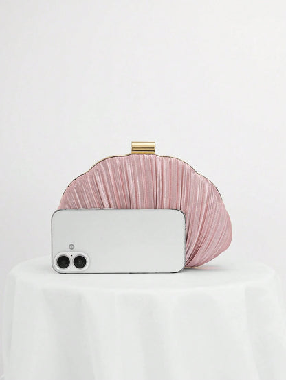 Pleated Satin Design Box-Shaped Evening Clutch, Banquet Bag Chain Strap Bag, Wedding Purse,Wedding, Pink, Party Bags, Wedding Items,Bride