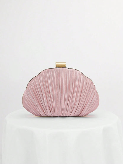 Pleated Satin Design Box-Shaped Evening Clutch, Banquet Bag Chain Strap Bag, Wedding Purse,Wedding, Pink, Party Bags, Wedding Items,Bride