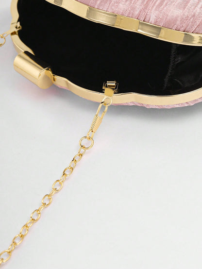 Pleated Satin Design Box-Shaped Evening Clutch, Banquet Bag Chain Strap Bag, Wedding Purse,Wedding, Pink, Party Bags, Wedding Items,Bride