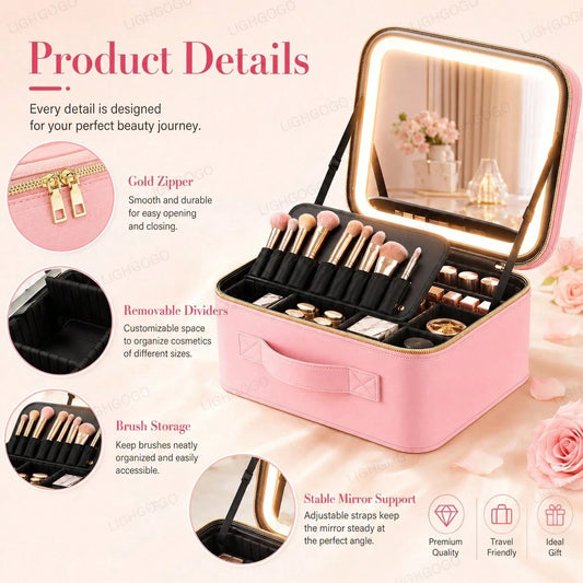 Portable LED Makeup Organizer Bag (1 Unit) With Lighted Mirror Featuring 3 Switchable Light Modes – An Ideal Gift For Friends And Family