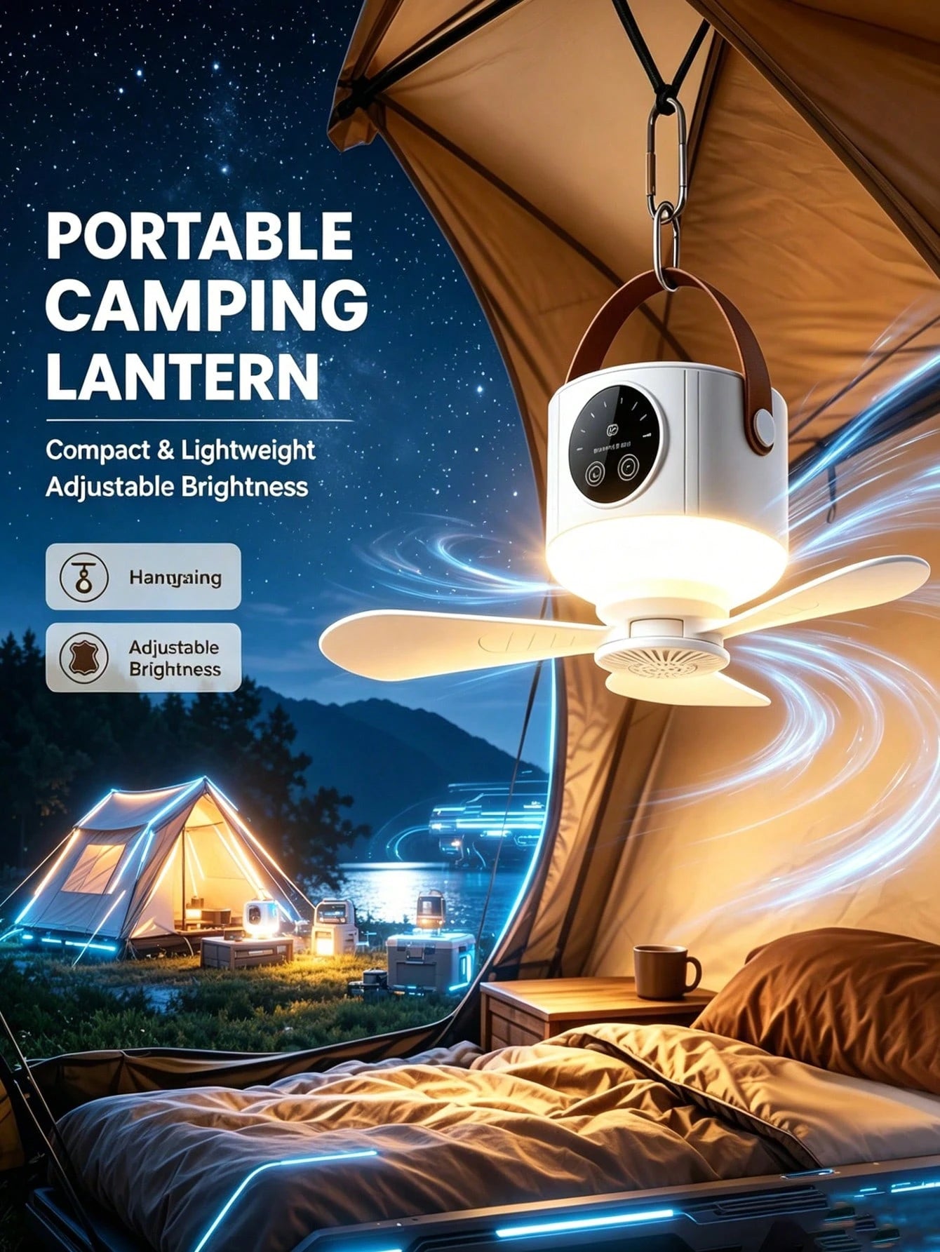 Portable USB Charging Camping Fan With Light Illumination, Silent, Comes With A Tripod, Adjustable Speed And Brightness, Suitable For Outdoor Tents, Bedrooms, Dormitories, And Travel Use, Detachable B