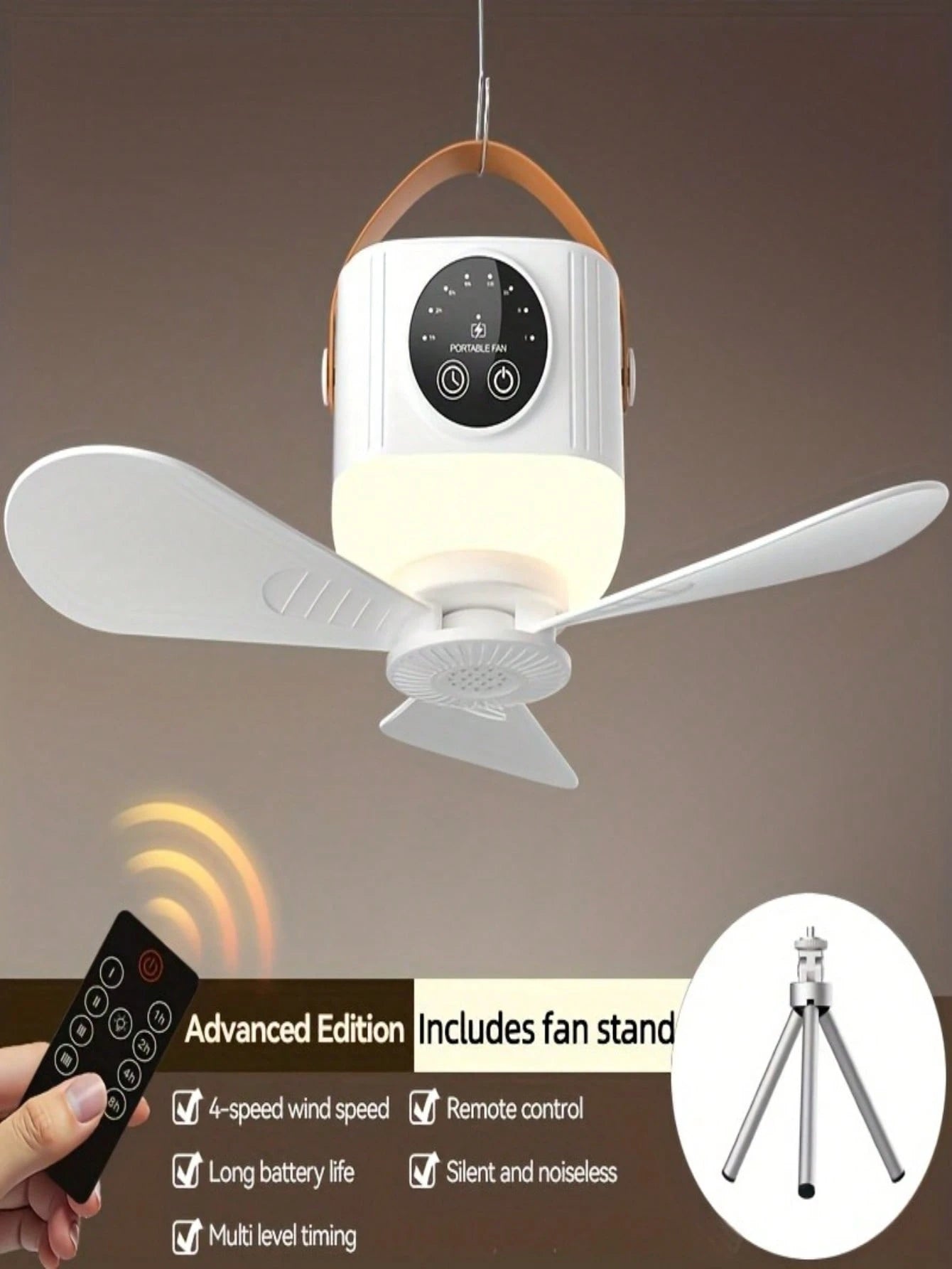 Portable USB Charging Camping Fan With Light Illumination, Silent, Comes With A Tripod, Adjustable Speed And Brightness, Suitable For Outdoor Tents, Bedrooms, Dormitories, And Travel Use, Detachable B