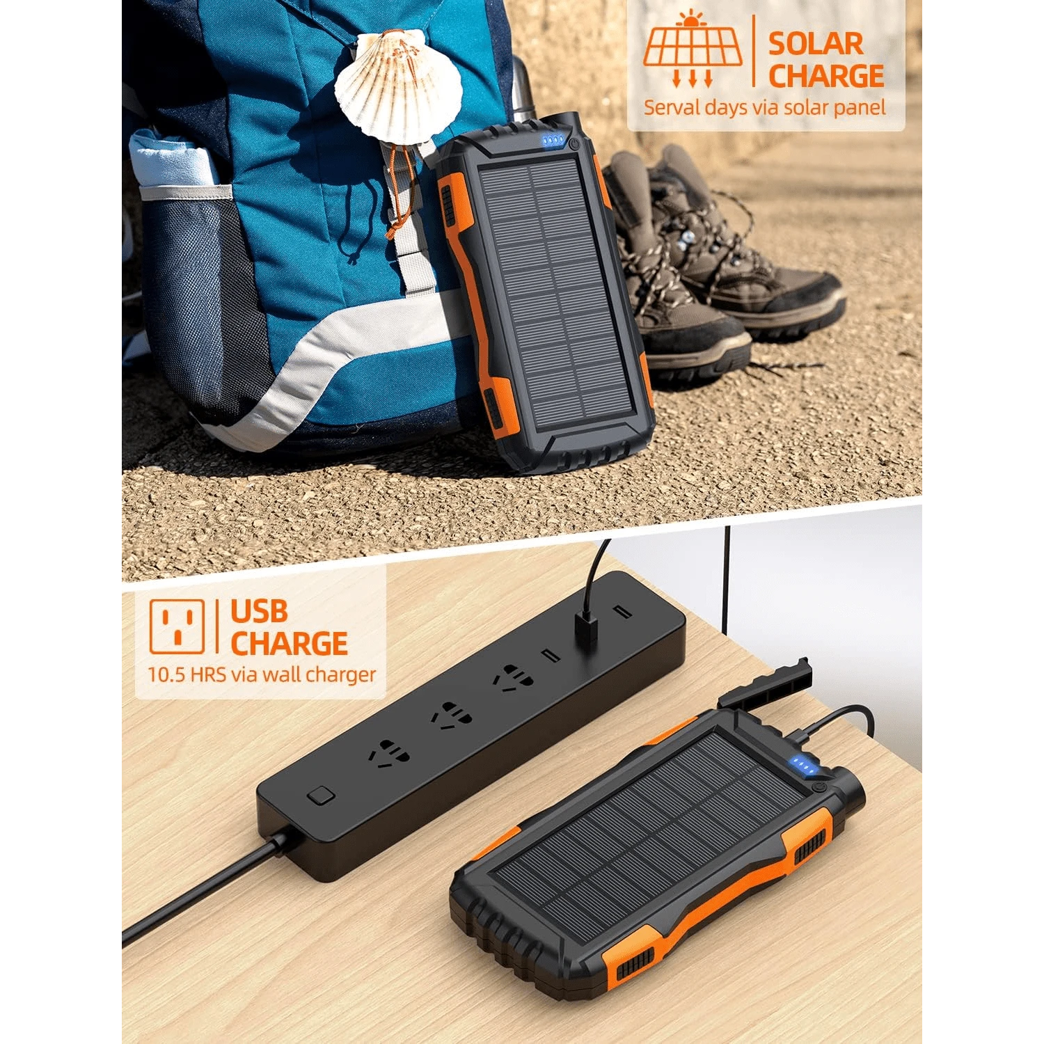 Power-Bank-Solar-Charger- 10000mAh Portable Charger,Solar Power Bank,External Battery Pack 5V3.1A Qc 3.0 Fast Charger Built-In Super Bright Flashlight (Orange)