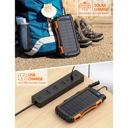 Power-Bank-Solar-Charger- 10000mAh Portable Charger,Solar Power Bank,External Battery Pack 5V3.1A Qc 3.0 Fast Charger Built-In Super Bright Flashlight (Orange)