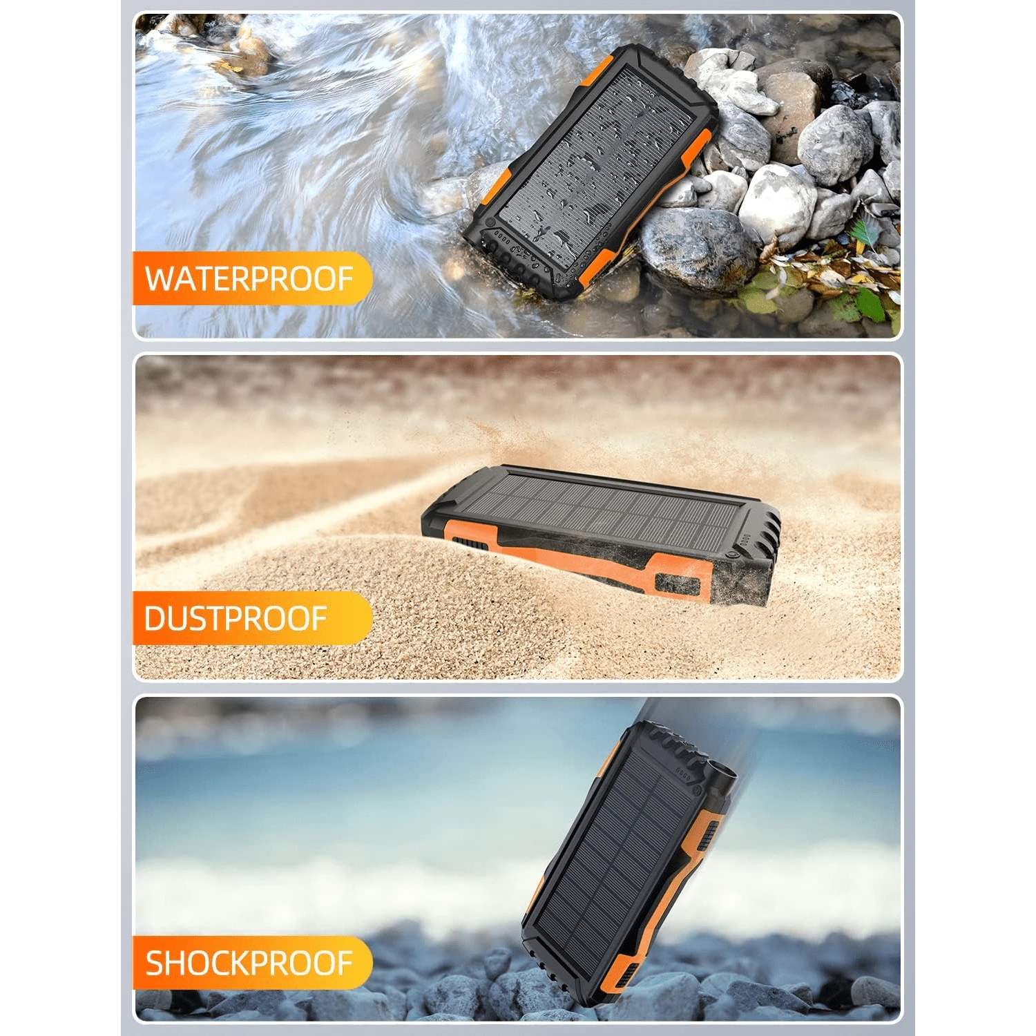 Power-Bank-Solar-Charger- 10000mAh Portable Charger,Solar Power Bank,External Battery Pack 5V3.1A Qc 3.0 Fast Charger Built-In Super Bright Flashlight (Orange)