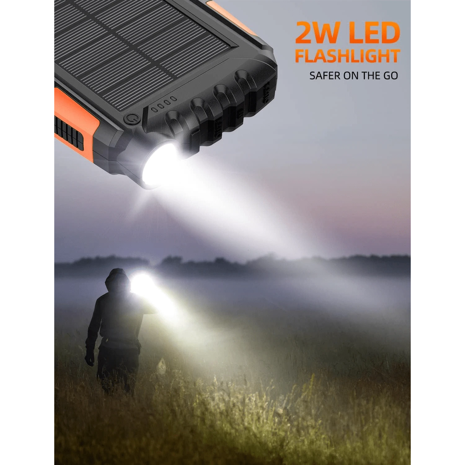 Power-Bank-Solar-Charger- 10000mAh Portable Charger,Solar Power Bank,External Battery Pack 5V3.1A Qc 3.0 Fast Charger Built-In Super Bright Flashlight (Orange)