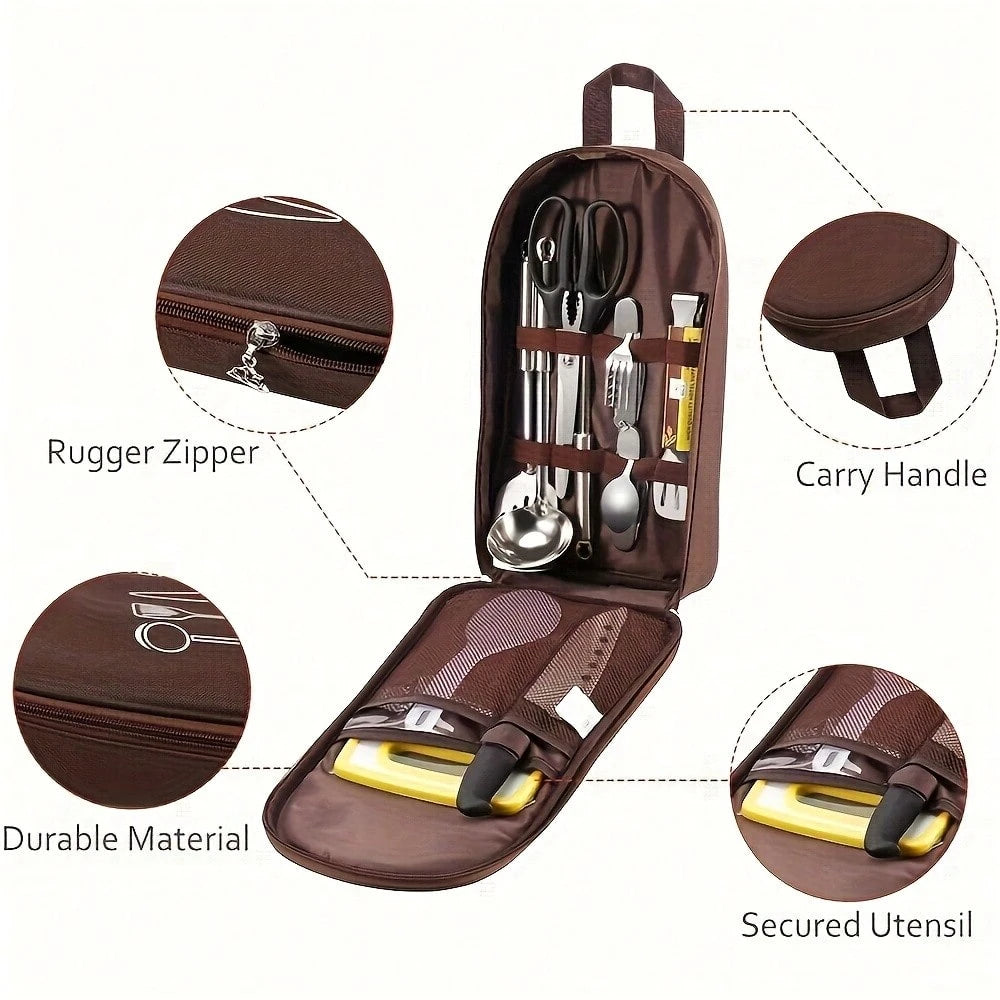 Practical Portable Nylon Cookware Storage Bag, Suitable For Camping, Barbecue And Travel- Easily Organize Outdoor Knives, Spoons And Other Kitchenware (Storage Bag Only- Kitchenware Not Included)