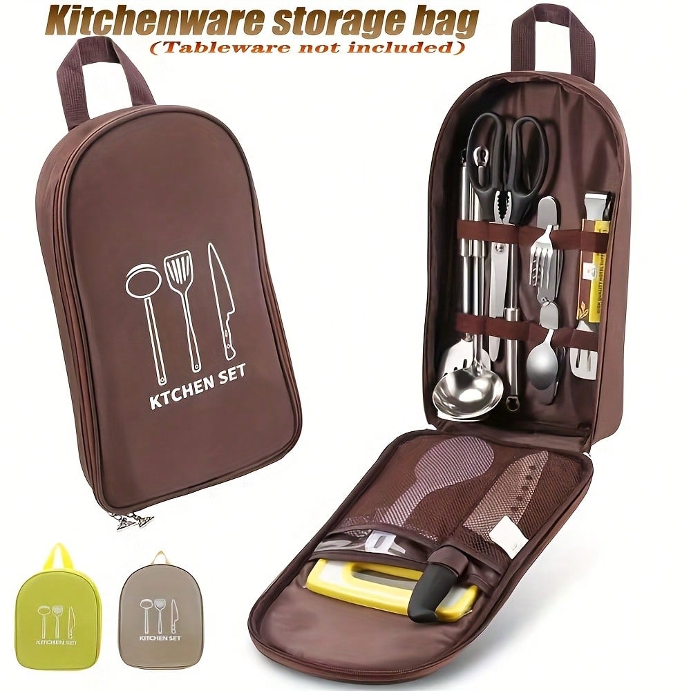 Practical Portable Nylon Cookware Storage Bag, Suitable For Camping, Barbecue And Travel- Easily Organize Outdoor Knives, Spoons And Other Kitchenware (Storage Bag Only- Kitchenware Not Included)