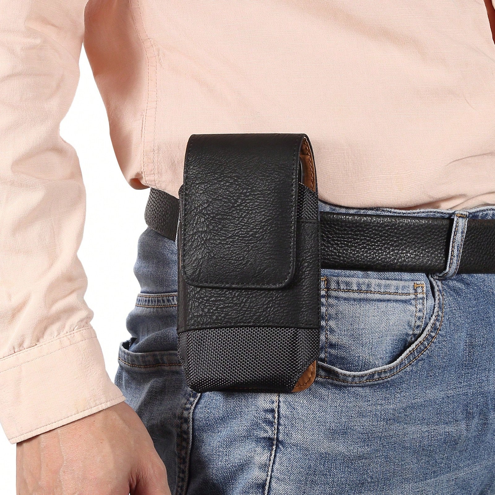 Premium Cowhide Texture PU Leather Waist Bag, Fits Phones 6.5"/6.7"/6.9"/7.2" With Belt Clip