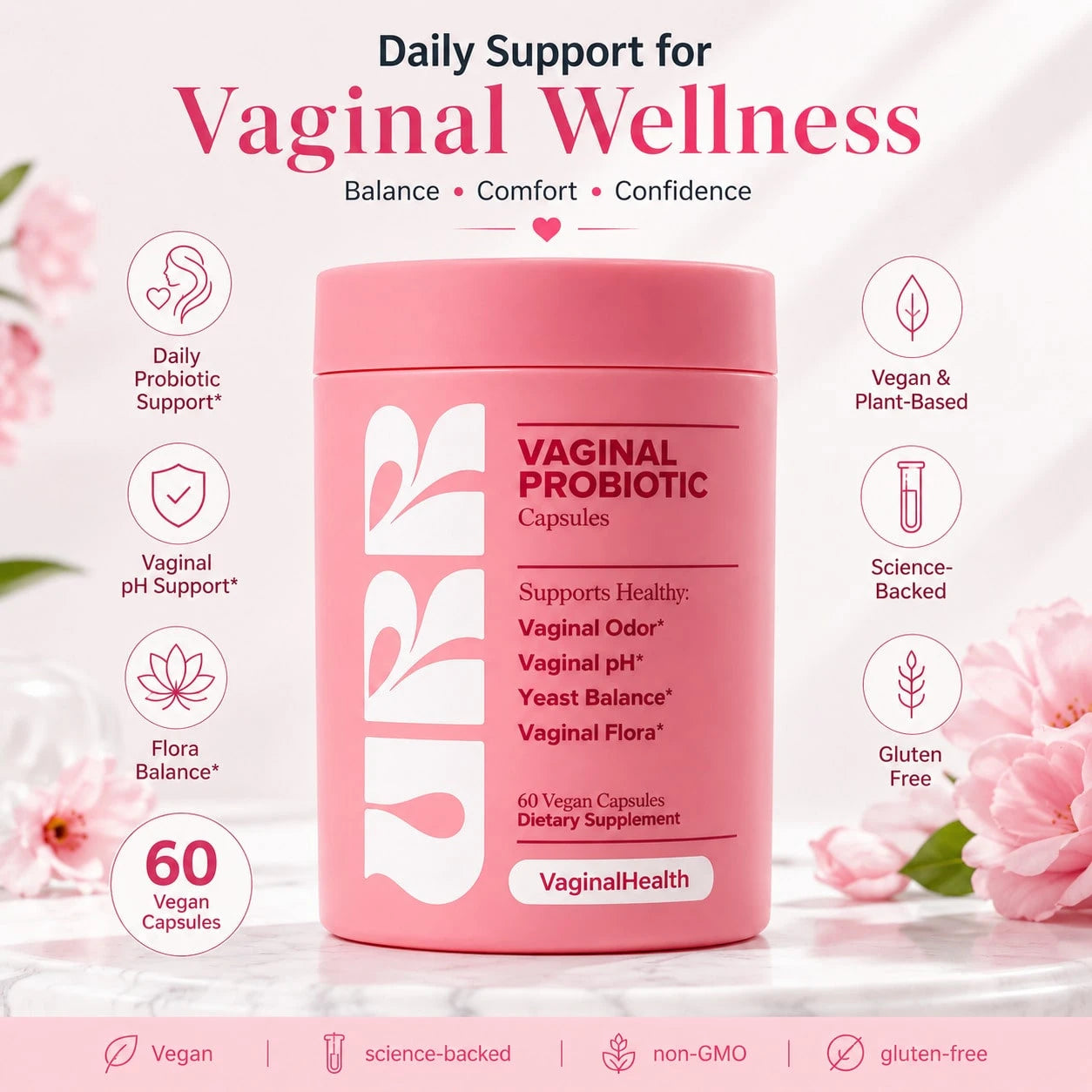 Premium URR Vaginal Probiotic Capsules, PH & Flora Balance Support, 60 Vegan Capsules, Women's Intimate Wellness Supplement