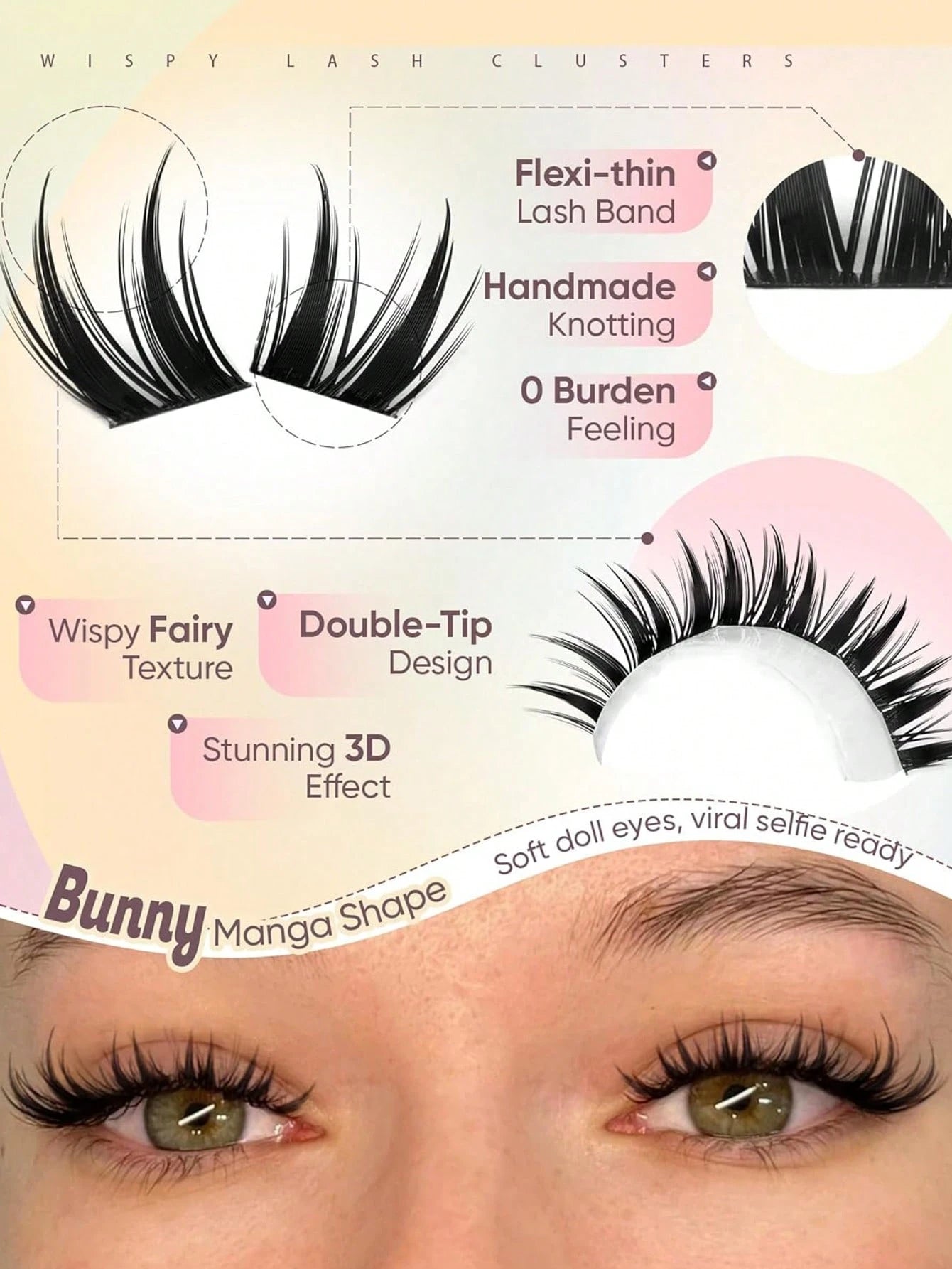 Rabbit Lash Cluster Series: Cartoon-Style Lash Clusters, Fine Cluster Lash Extensions, Anime Fairy-Style Individual Lash Clusters, Pointed Tip Wet-Look Lash Extensions, Length 8-14mm
