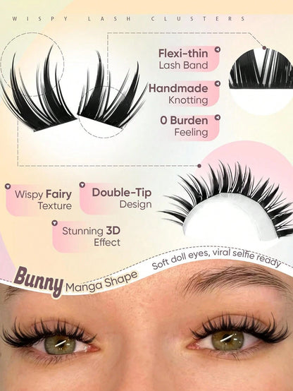 Rabbit Lash Cluster Series: Cartoon-Style Lash Clusters, Fine Cluster Lash Extensions, Anime Fairy-Style Individual Lash Clusters, Pointed Tip Wet-Look Lash Extensions, Length 8-14mm