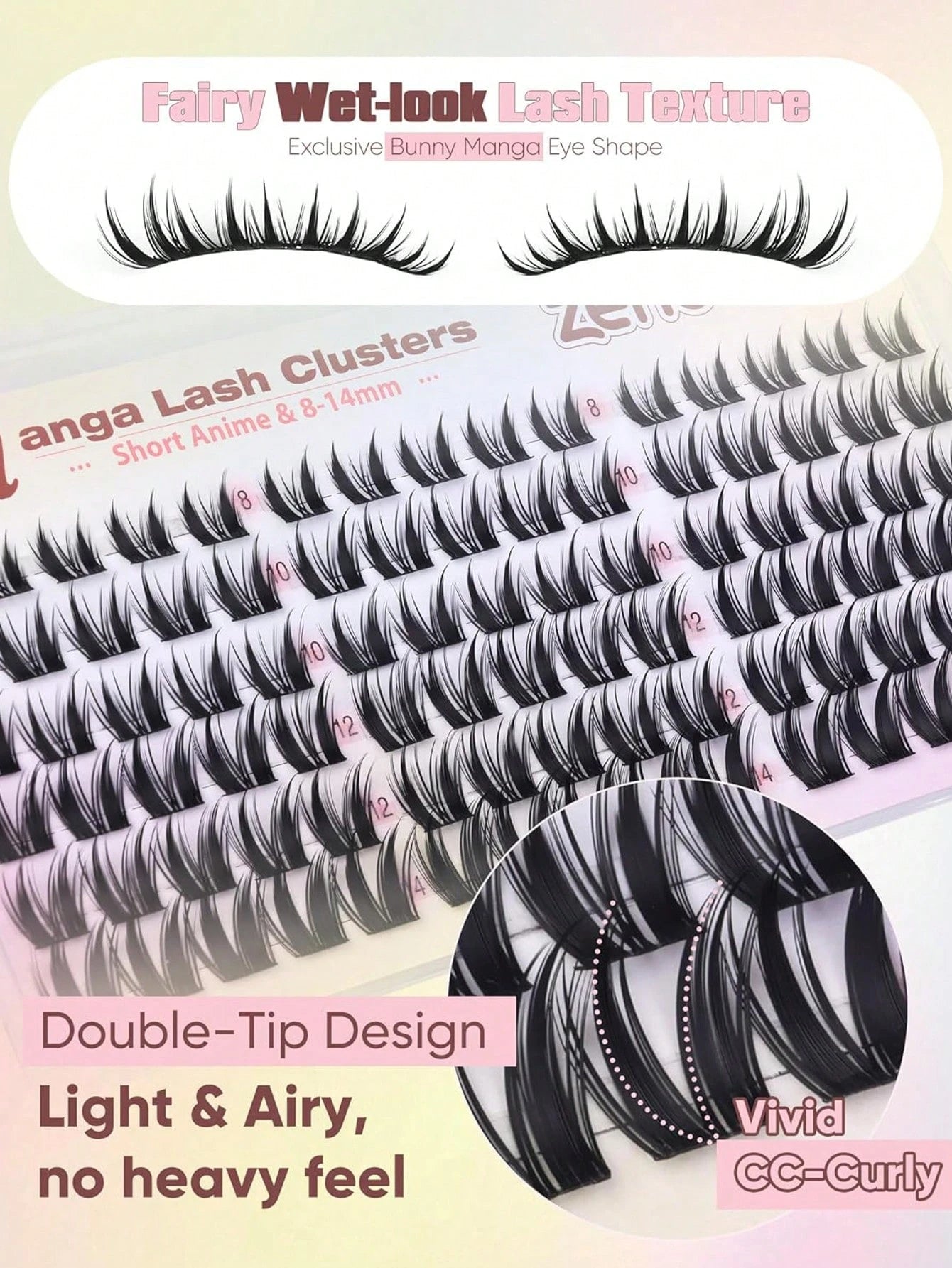 Rabbit Lash Cluster Series: Cartoon-Style Lash Clusters, Fine Cluster Lash Extensions, Anime Fairy-Style Individual Lash Clusters, Pointed Tip Wet-Look Lash Extensions, Length 8-14mm