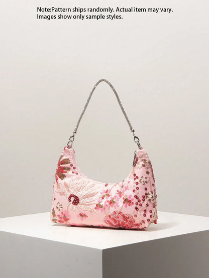 (Random Pattern) Women's Shoulder Bag, Sequin Bag, Floral Pattern, Embroidered Bag, Women's Handbag, Evening Party, Party Outfit, Ball Bag, Ball Accessories, Wedding Supplies, Elegant Women's Wallet