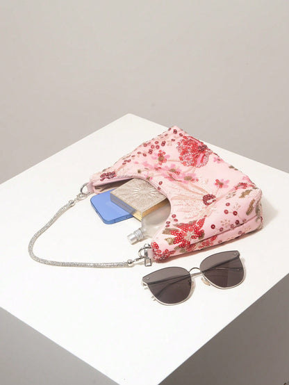 (Random Pattern) Women's Shoulder Bag, Sequin Bag, Floral Pattern, Embroidered Bag, Women's Handbag, Evening Party, Party Outfit, Ball Bag, Ball Accessories, Wedding Supplies, Elegant Women's Wallet