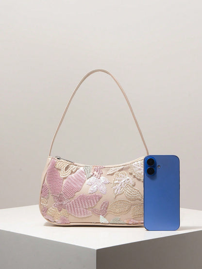 (Random Pattern) Women's Shoulder Bag, Sequin Bag, Floral Pattern, Embroidered Bag, Women's Handbag, Evening Party, Party Outfit, Ball Bag, Ball Accessories, Wedding Supplies, Elegant Women's Wallet