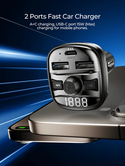 REMAX Bluetooth 5.4 FM Transmitter Car Charger With RGB Light, 15W Fast Charging, USB-C & Dual USB-A, Built-In Mic For Hands-Free Calls, Music Playback, For IPhone/Android, Type-C Charger, IPhone Char