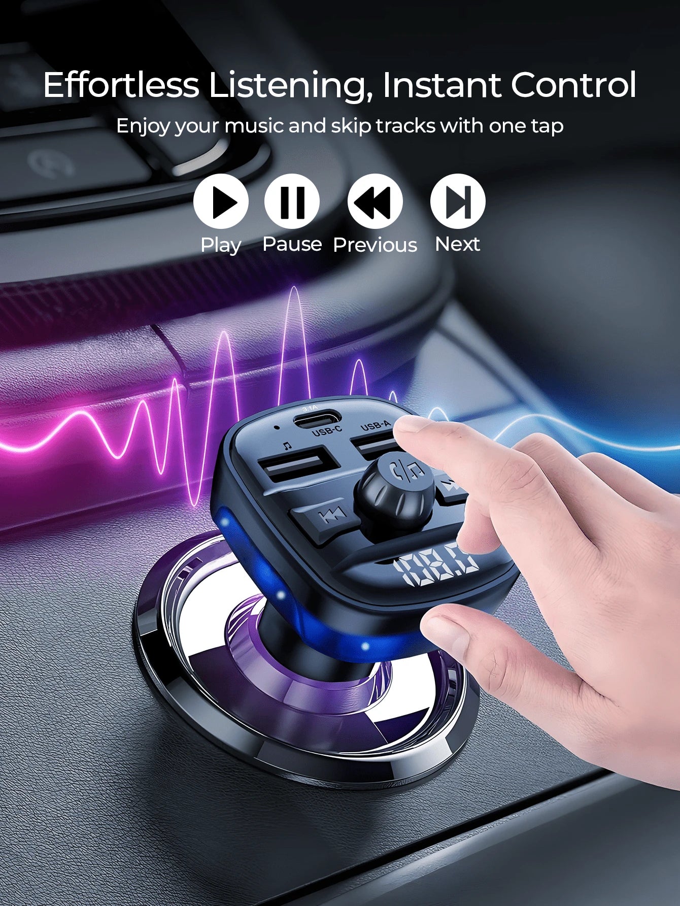REMAX Bluetooth 5.4 FM Transmitter Car Charger With RGB Light, 15W Fast Charging, USB-C & Dual USB-A, Built-In Mic For Hands-Free Calls, Music Playback, For IPhone/Android, Type-C Charger, IPhone Char