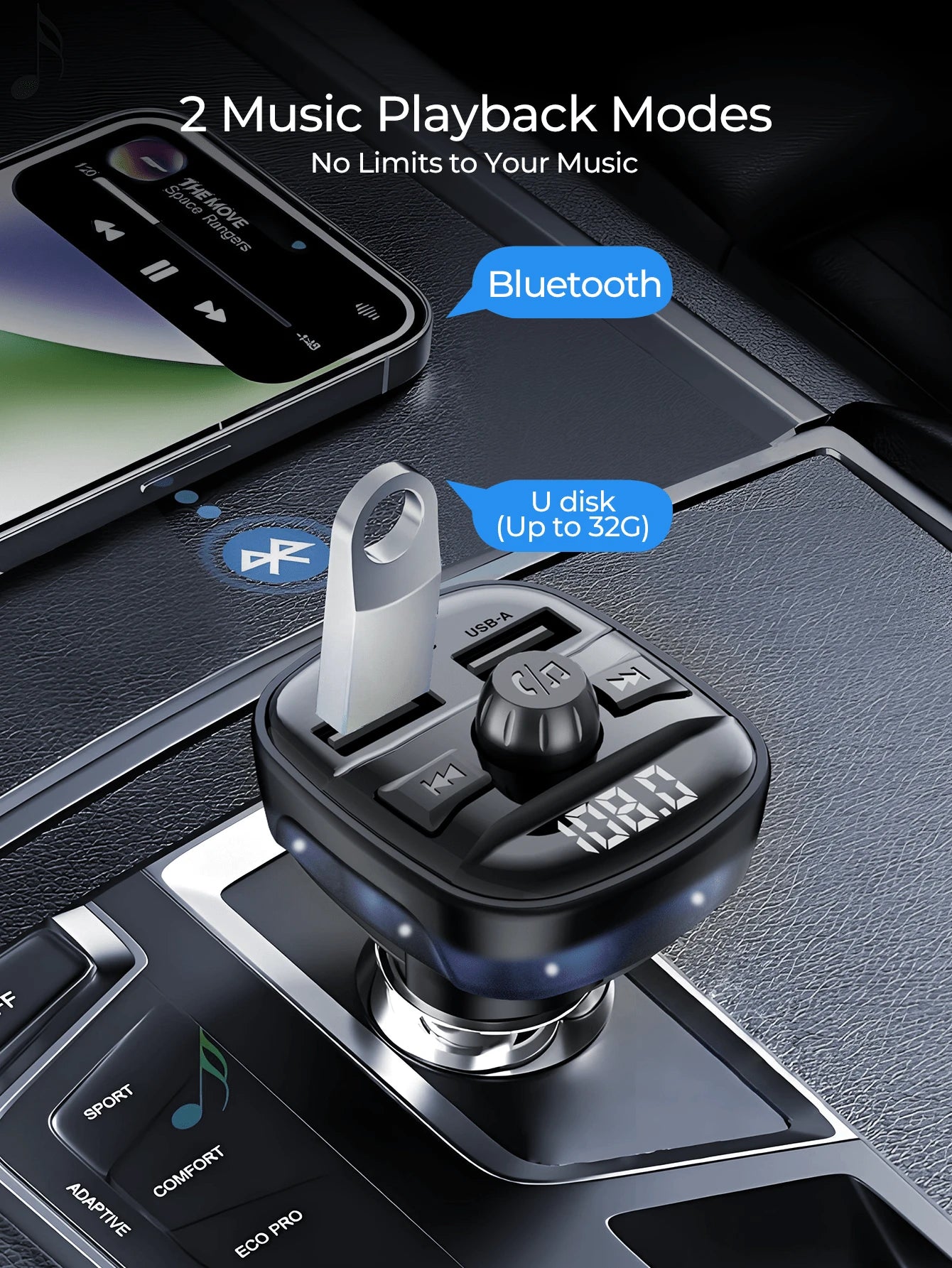 REMAX Bluetooth 5.4 FM Transmitter Car Charger With RGB Light, 15W Fast Charging, USB-C & Dual USB-A, Built-In Mic For Hands-Free Calls, Music Playback, For IPhone/Android, Type-C Charger, IPhone Char