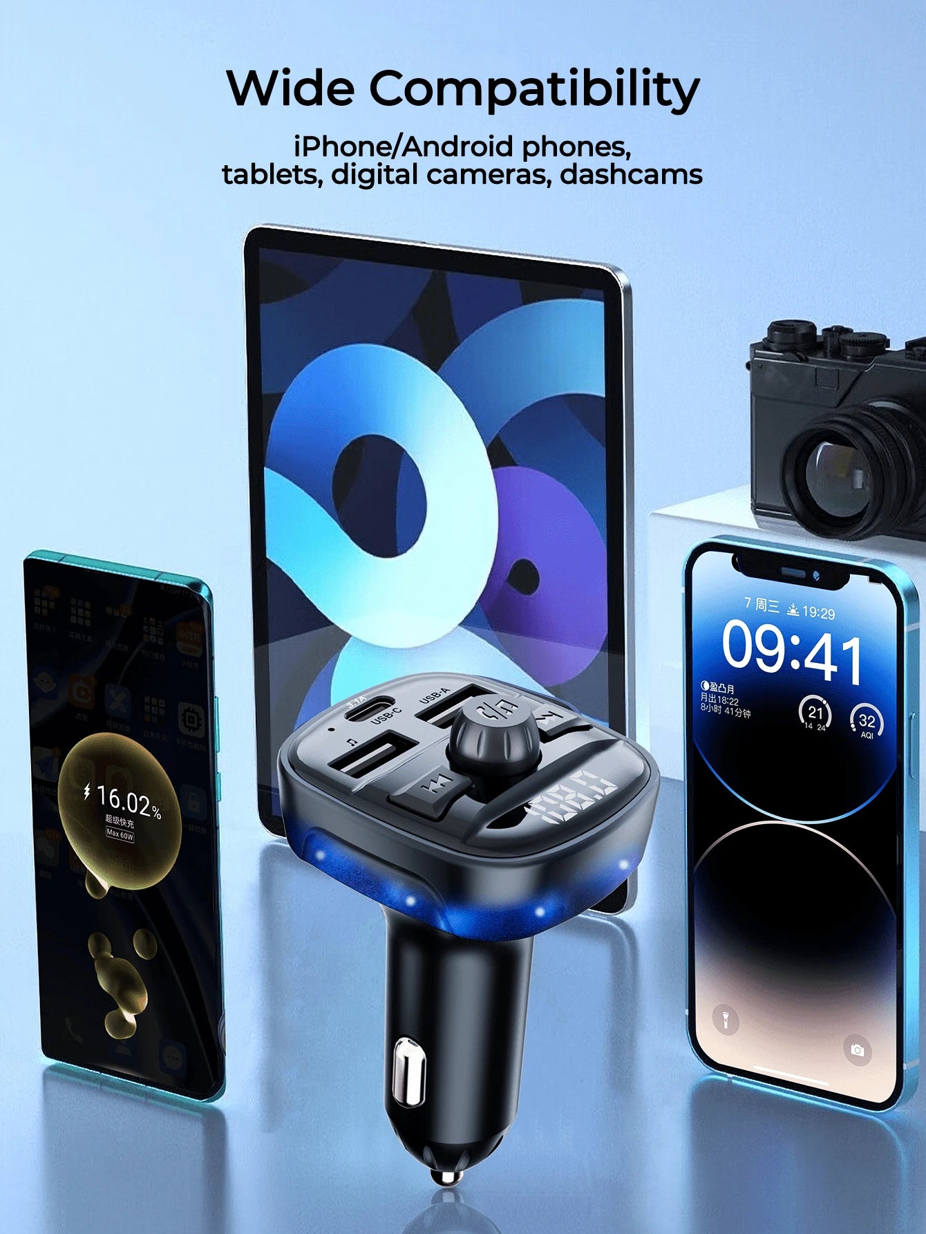 REMAX Bluetooth 5.4 FM Transmitter Car Charger With RGB Light, 15W Fast Charging, USB-C & Dual USB-A, Built-In Mic For Hands-Free Calls, Music Playback, For IPhone/Android, Type-C Charger, IPhone Char