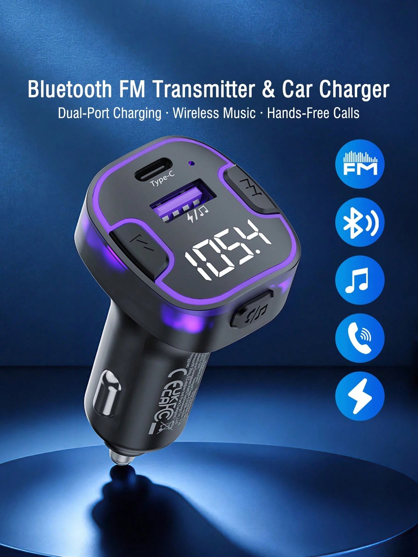 REMAX Bluetooth FM Transmitter Car Charger, USB-C And USB-A Dual Port Output, Supports Wireless And USB Drive Music Playback, Built-In High-Definition Microphone For Hands-Free Calling, Purple Ambient
