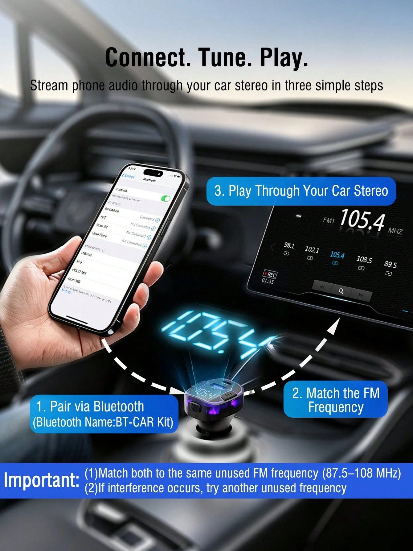 REMAX Bluetooth FM Transmitter Car Charger, USB-C And USB-A Dual Port Output, Supports Wireless And USB Drive Music Playback, Built-In High-Definition Microphone For Hands-Free Calling, Purple Ambient