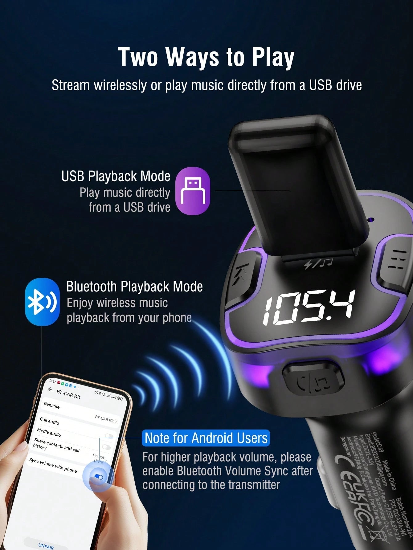 REMAX Bluetooth FM Transmitter Car Charger, USB-C And USB-A Dual Port Output, Supports Wireless And USB Drive Music Playback, Built-In High-Definition Microphone For Hands-Free Calling, Purple Ambient