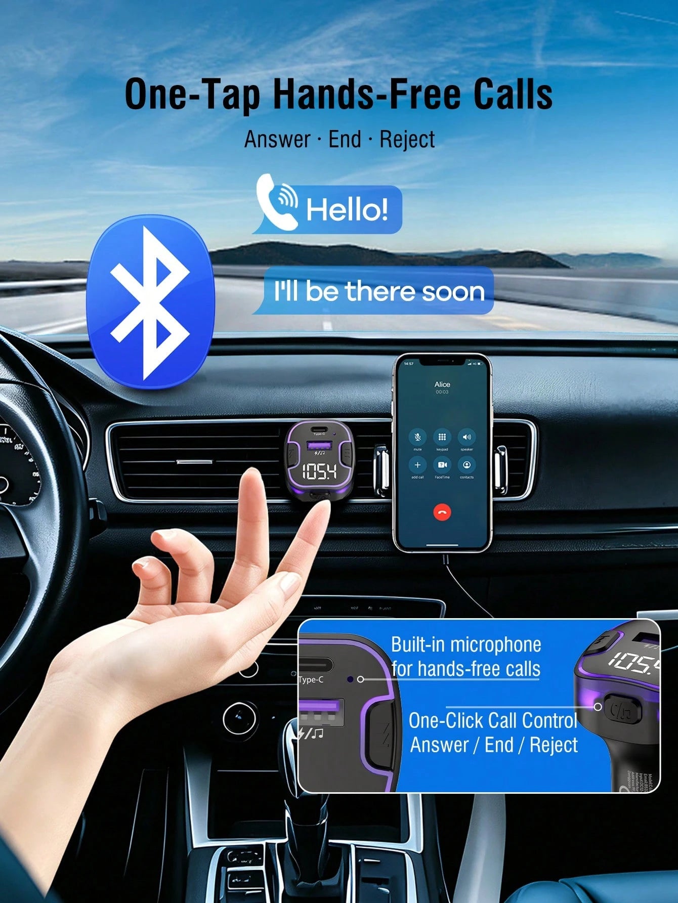 REMAX Bluetooth FM Transmitter Car Charger, USB-C And USB-A Dual Port Output, Supports Wireless And USB Drive Music Playback, Built-In High-Definition Microphone For Hands-Free Calling, Purple Ambient