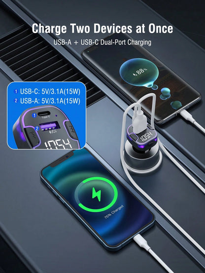REMAX Bluetooth FM Transmitter Car Charger, USB-C And USB-A Dual Port Output, Supports Wireless And USB Drive Music Playback, Built-In High-Definition Microphone For Hands-Free Calling, Purple Ambient