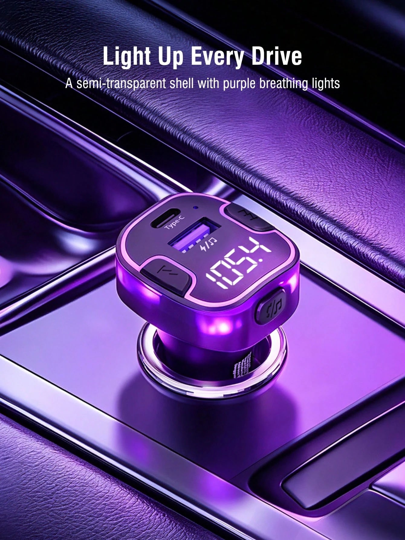 REMAX Bluetooth FM Transmitter Car Charger, USB-C And USB-A Dual Port Output, Supports Wireless And USB Drive Music Playback, Built-In High-Definition Microphone For Hands-Free Calling, Purple Ambient