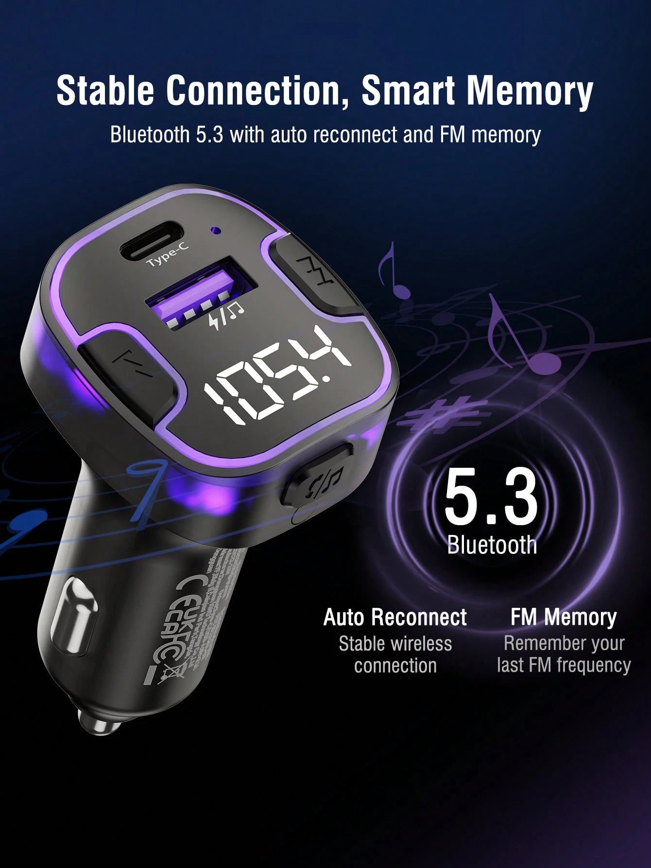 REMAX Bluetooth FM Transmitter Car Charger, USB-C And USB-A Dual Port Output, Supports Wireless And USB Drive Music Playback, Built-In High-Definition Microphone For Hands-Free Calling, Purple Ambient