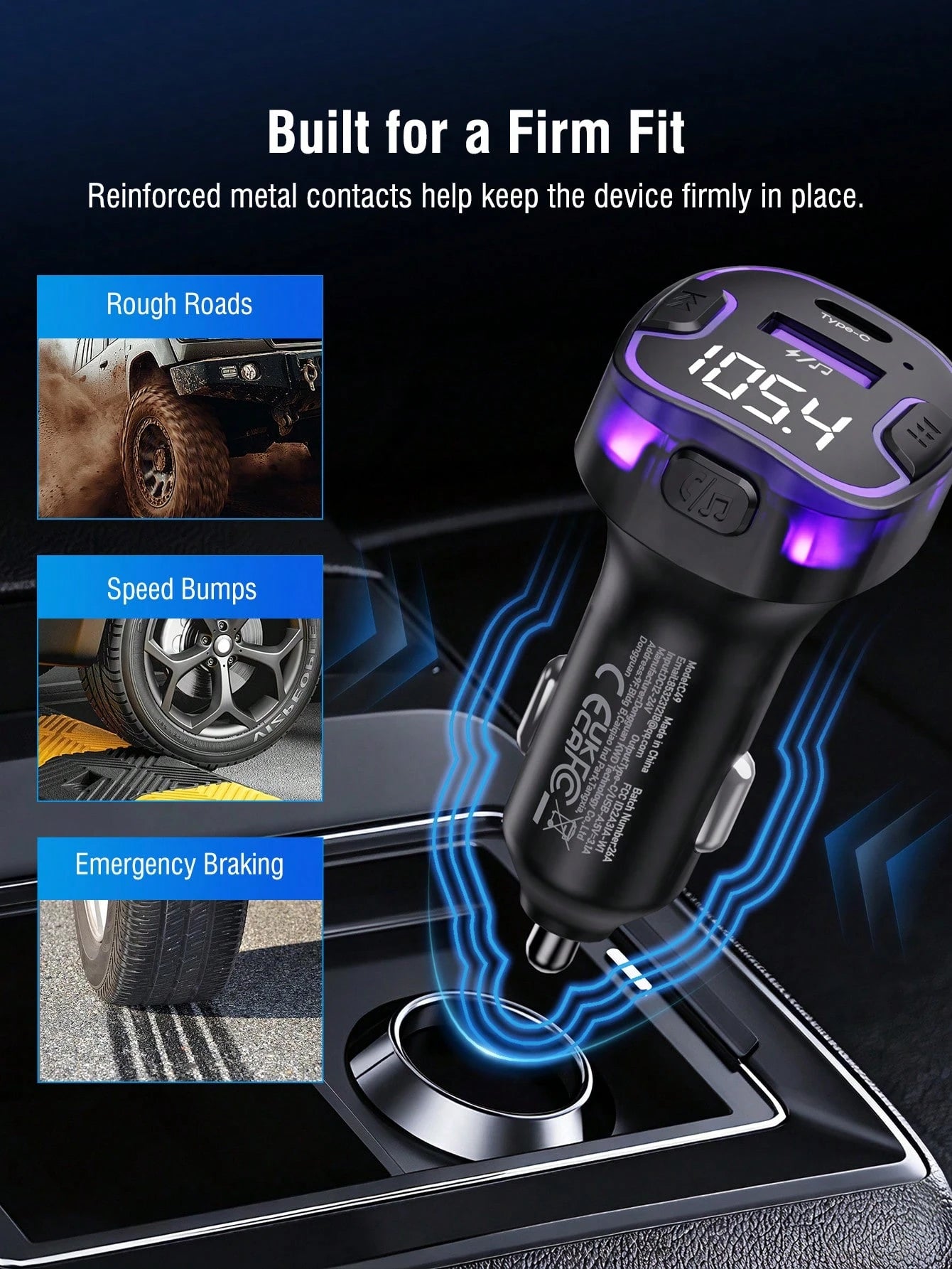REMAX Bluetooth FM Transmitter Car Charger, USB-C And USB-A Dual Port Output, Supports Wireless And USB Drive Music Playback, Built-In High-Definition Microphone For Hands-Free Calling, Purple Ambient