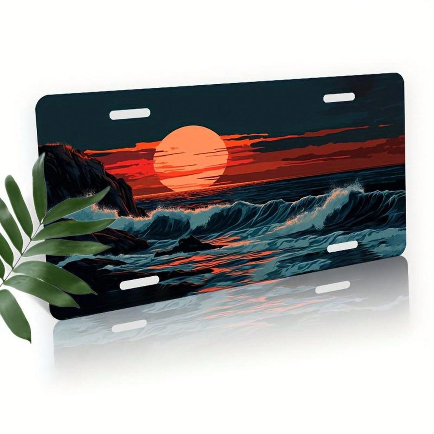 Res] 2D Flat Design, Single Piece, For Decorative Purposes Only, Featuring A License Plate, Aluminum Plate, Frame, And Decorative Cover With Patterns Of Waves, Rocks, And Sunset. It Includes A Waterpr