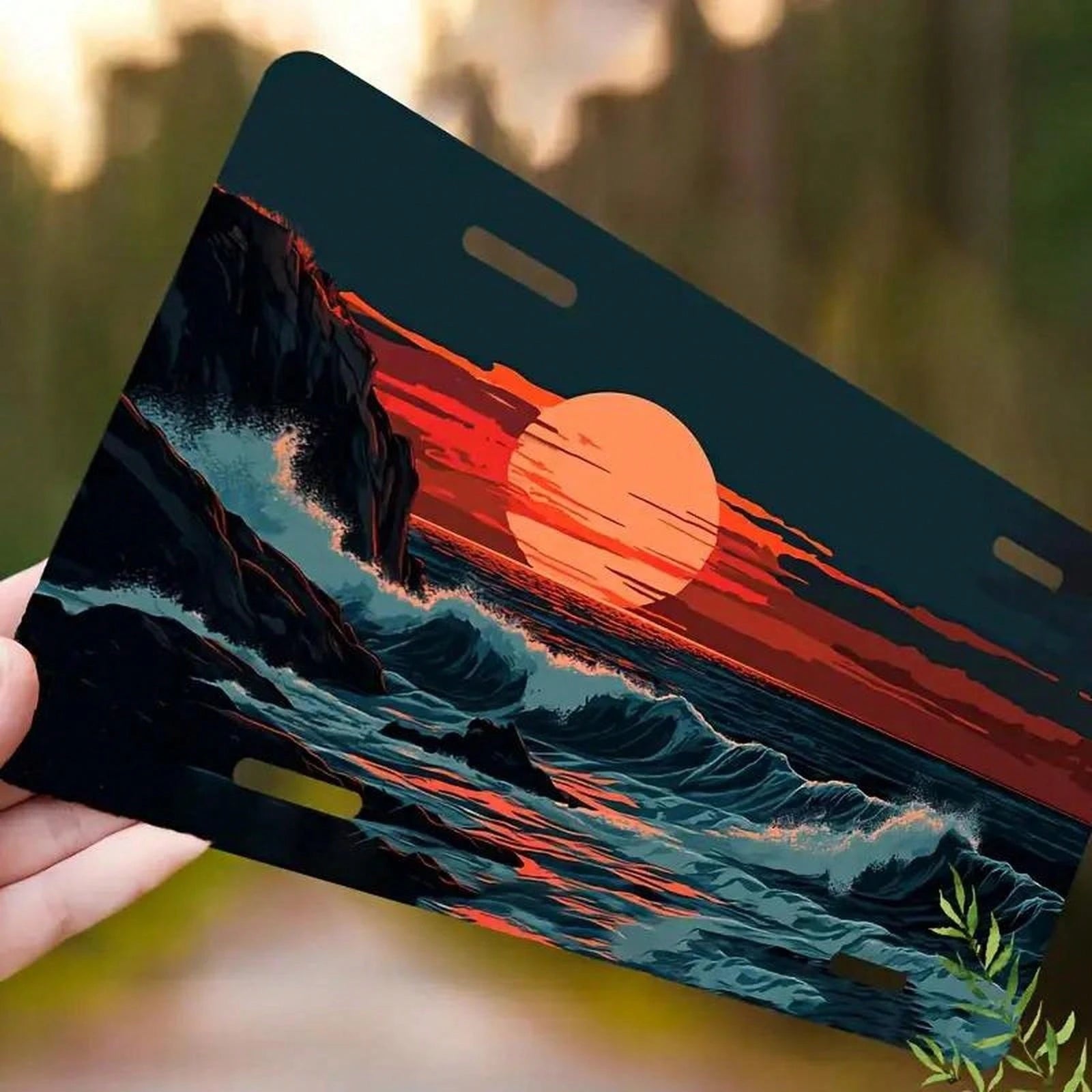 Res] 2D Flat Design, Single Piece, For Decorative Purposes Only, Featuring A License Plate, Aluminum Plate, Frame, And Decorative Cover With Patterns Of Waves, Rocks, And Sunset. It Includes A Waterpr