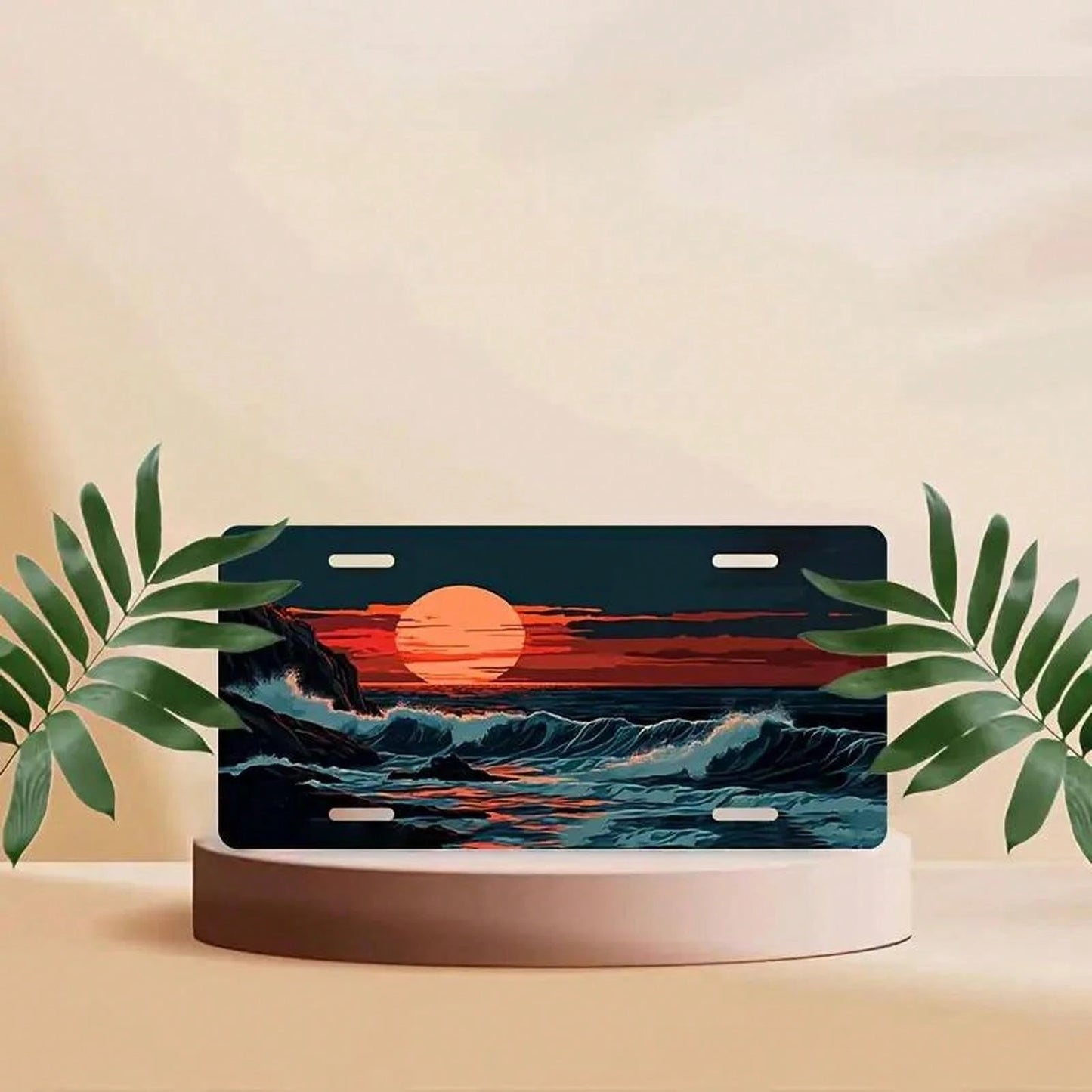 Res] 2D Flat Design, Single Piece, For Decorative Purposes Only, Featuring A License Plate, Aluminum Plate, Frame, And Decorative Cover With Patterns Of Waves, Rocks, And Sunset. It Includes A Waterpr