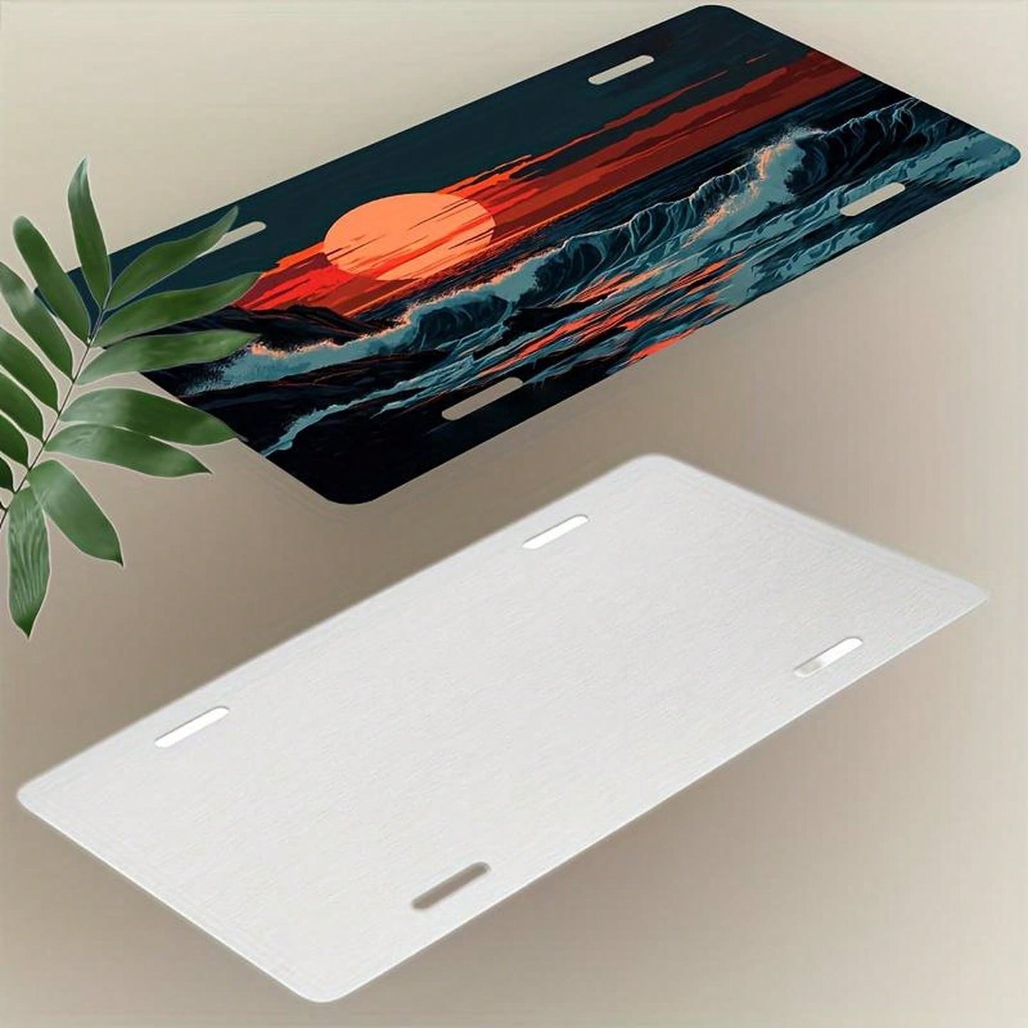 Res] 2D Flat Design, Single Piece, For Decorative Purposes Only, Featuring A License Plate, Aluminum Plate, Frame, And Decorative Cover With Patterns Of Waves, Rocks, And Sunset. It Includes A Waterpr