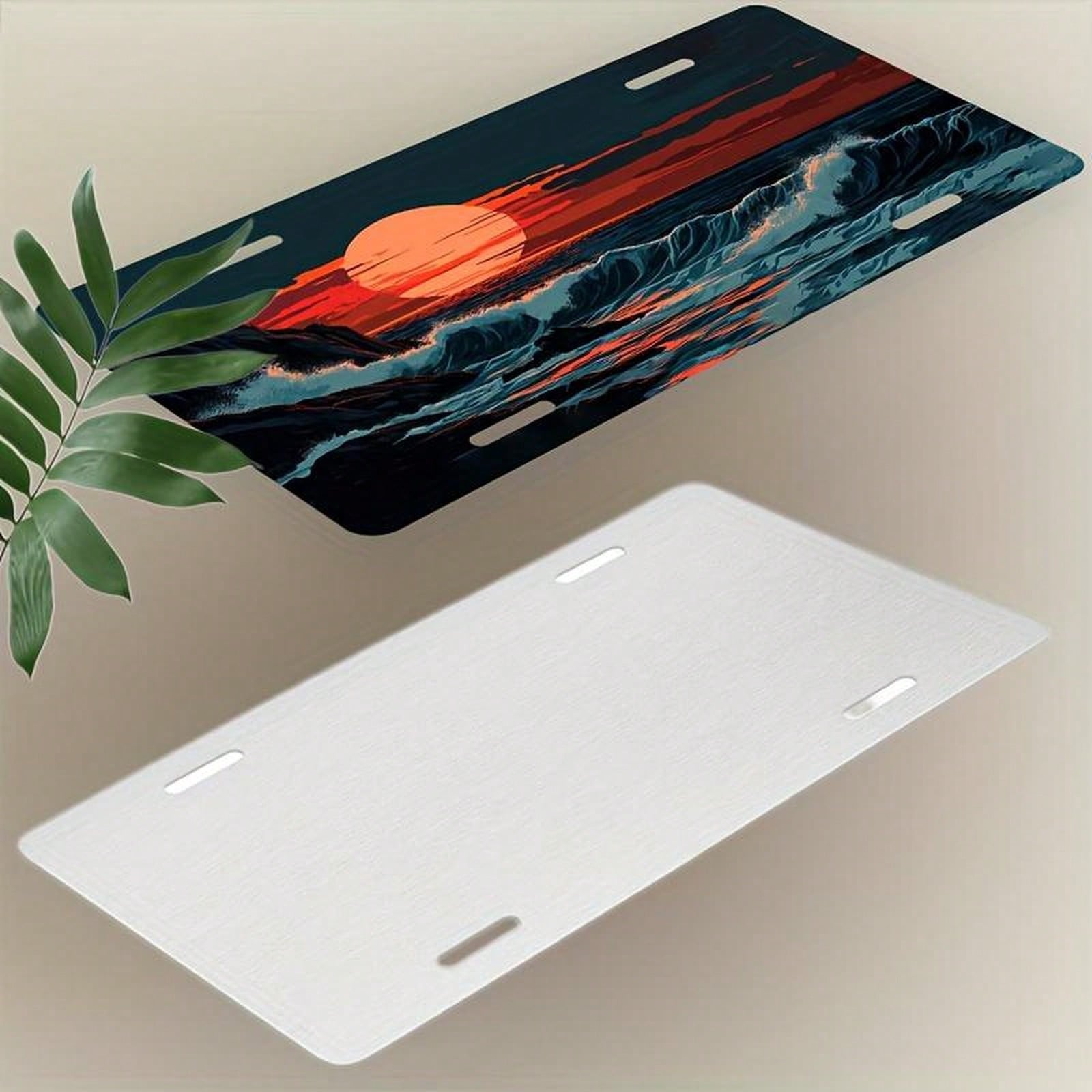 Res] 2D Flat Design, Single Piece, For Decorative Purposes Only, Featuring A License Plate, Aluminum Plate, Frame, And Decorative Cover With Patterns Of Waves, Rocks, And Sunset. It Includes A Waterpr