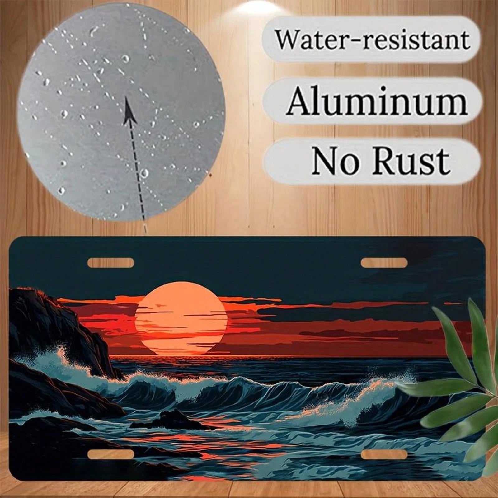 Res] 2D Flat Design, Single Piece, For Decorative Purposes Only, Featuring A License Plate, Aluminum Plate, Frame, And Decorative Cover With Patterns Of Waves, Rocks, And Sunset. It Includes A Waterpr