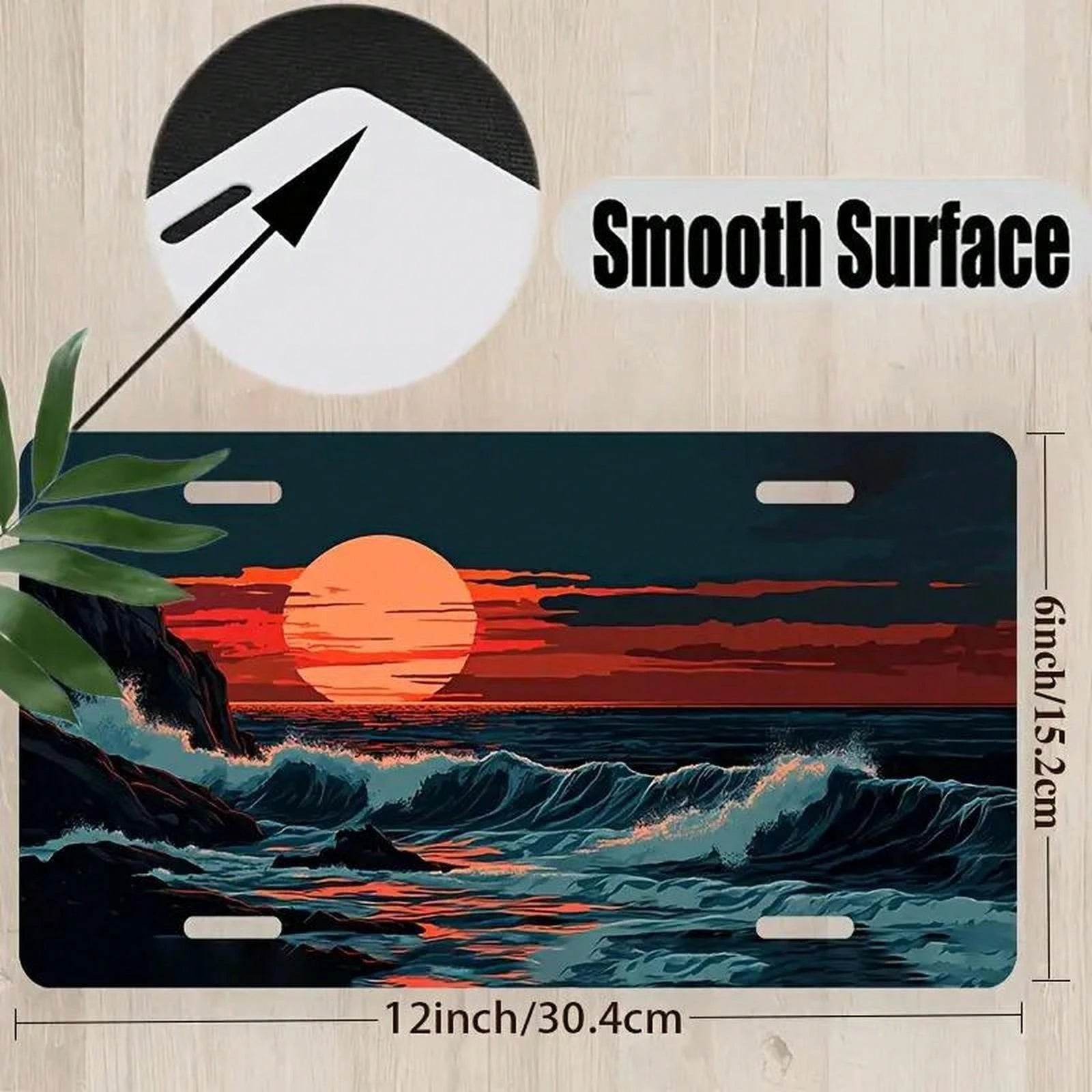 Res] 2D Flat Design, Single Piece, For Decorative Purposes Only, Featuring A License Plate, Aluminum Plate, Frame, And Decorative Cover With Patterns Of Waves, Rocks, And Sunset. It Includes A Waterpr