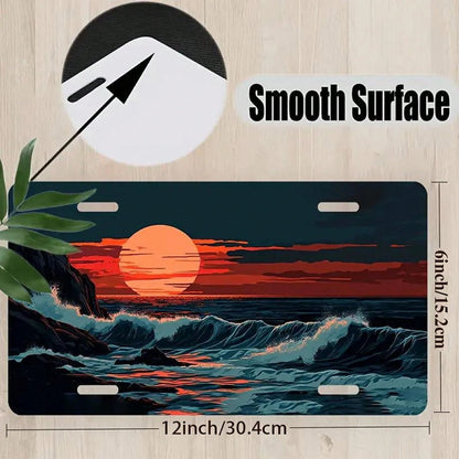 Res] 2D Flat Design, Single Piece, For Decorative Purposes Only, Featuring A License Plate, Aluminum Plate, Frame, And Decorative Cover With Patterns Of Waves, Rocks, And Sunset. It Includes A Waterpr