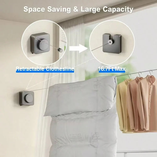 Retractable Clothesline Indoor Outdoor, Clothes Line Retracting Indoor, Retractable Clothes Line Wall Mounted Drying Rack Clothing Line, Laundry Line With Stainless Steel Line-15.1 Feets