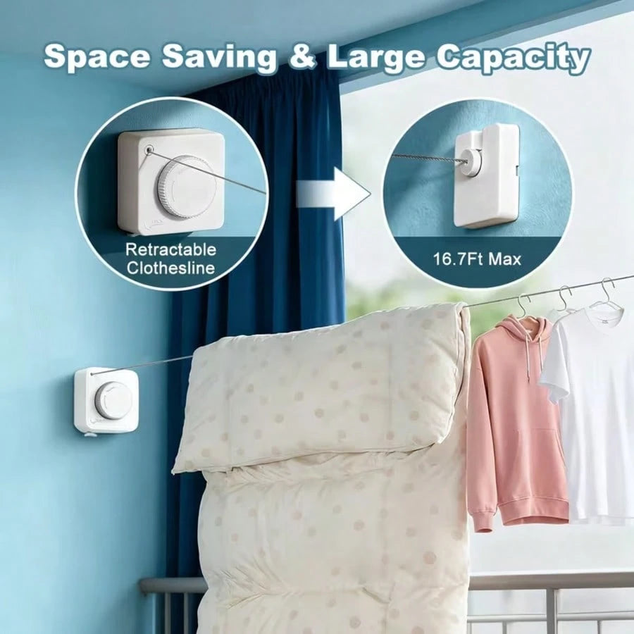 Retractable Clothesline Indoor Outdoor, Clothes Line Retracting Indoor, Retractable Clothes Line Wall Mounted Drying Rack Clothing Line, Laundry Line With Stainless Steel Line-15.1 Feets