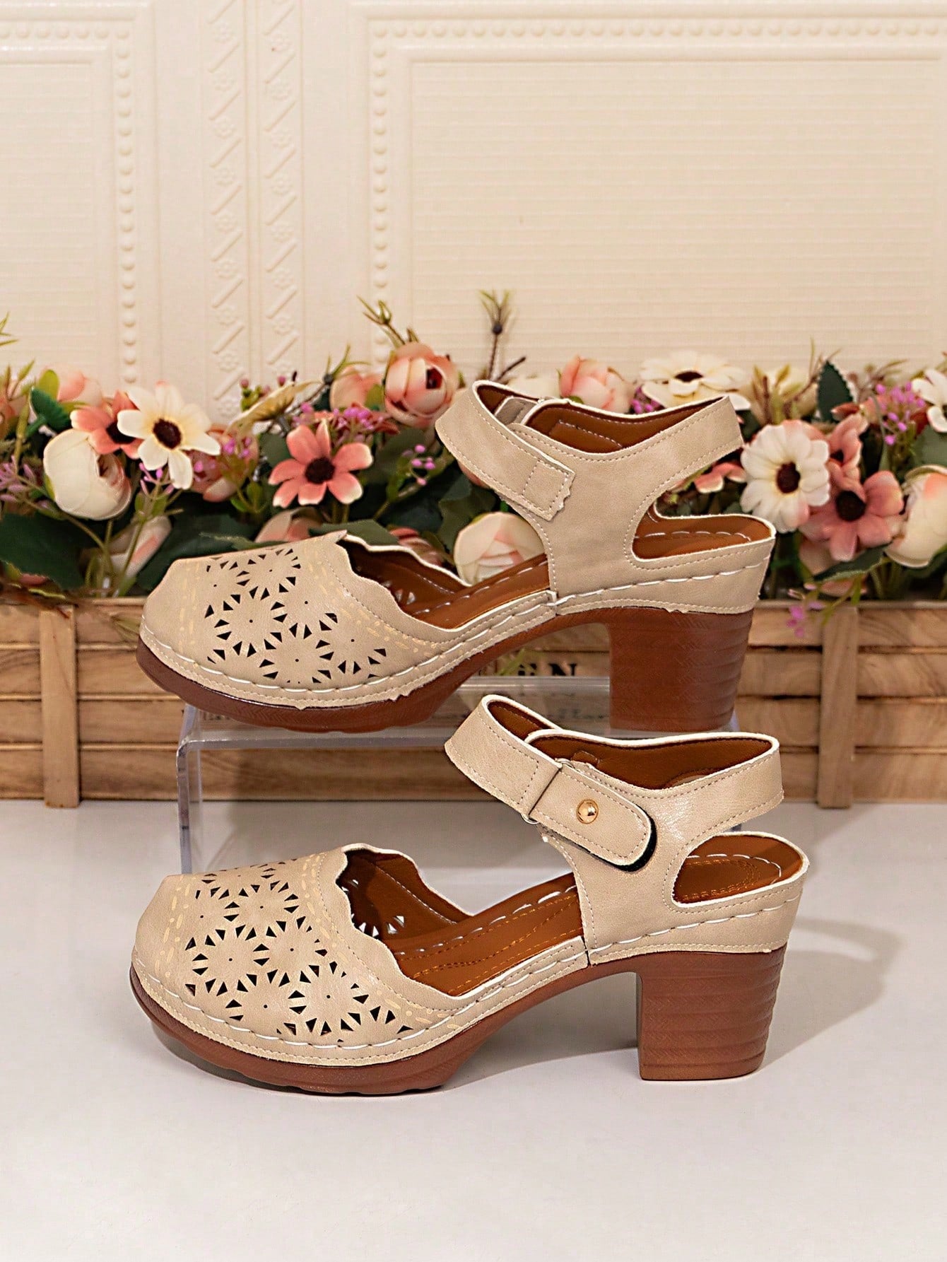 Retro Openwork Chunky Heel Mules:Slip-On,Closed Toe,Platform Breathable,Comfy For Daily Wear.Colors:Black,Khaki,Brown,Navy.Versatile&Flattering.