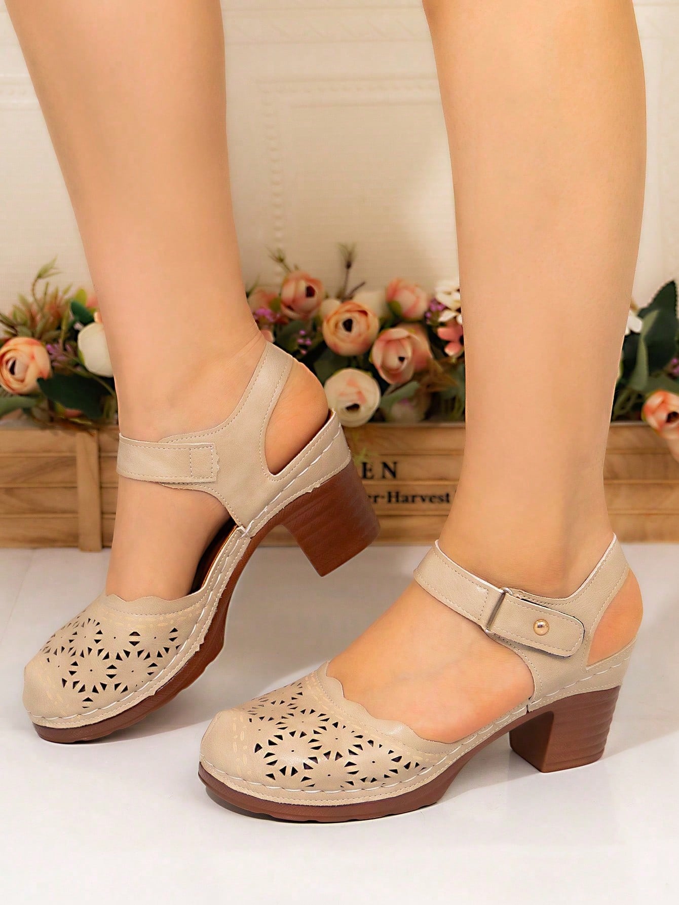 Retro Openwork Chunky Heel Mules:Slip-On,Closed Toe,Platform Breathable,Comfy For Daily Wear.Colors:Black,Khaki,Brown,Navy.Versatile&Flattering.