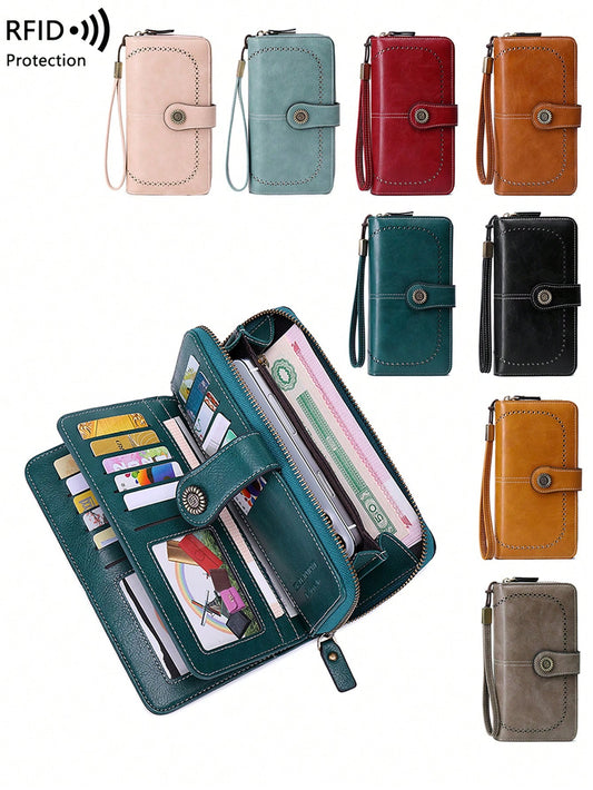 RFID Blocking Large Capacity Tri-Fold Multi-Card Slot PU Solid Color Zipper Snap Wallet, Multi-Functional European And American New Vintage Women's Wallet With Wrist Strap, Valentine's Day Gift For Wi